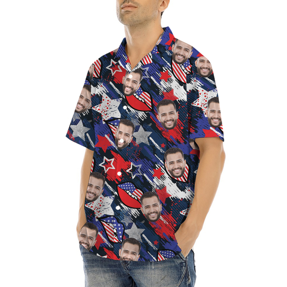 Independence Day Custom Face Blue Hawaiian Shirt