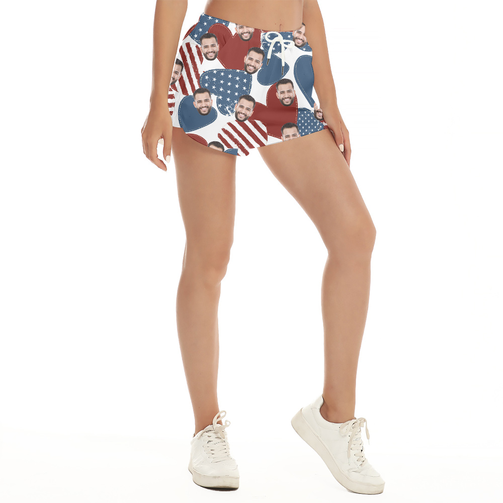 Custom Face American Heart 4th Of July Hawaiian Beach Shorts For Women