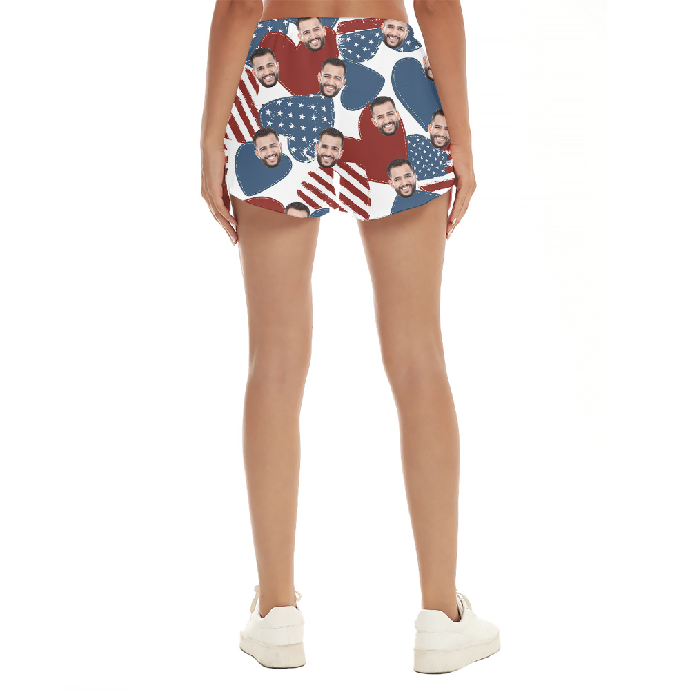 Custom Face American Heart 4th Of July Hawaiian Beach Shorts For Women