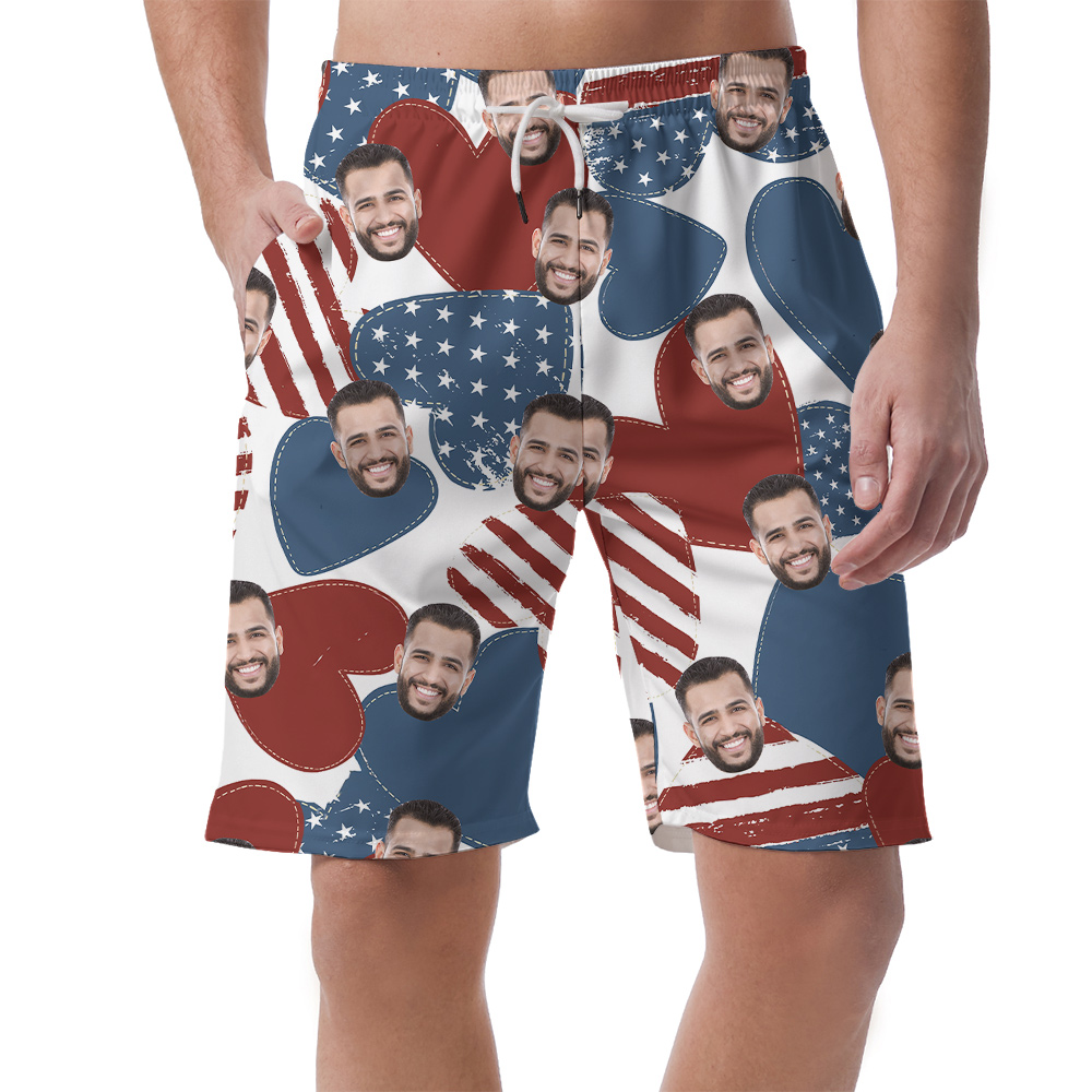 Custom Face 4th Of July American Hearts Men's Beach Shorts - variant image 1