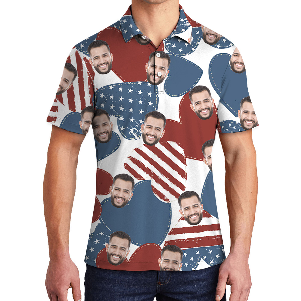 American Hearts Custom Face 4th Of July Hawaiian Men's Polo Shirt - variant image 1