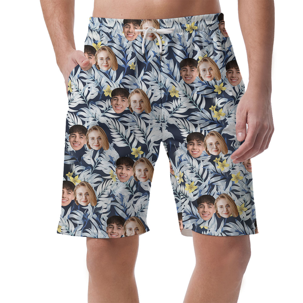 Custom 1-5 Faces Men's Beach Shorts With Tropical Leaves - variant image 1