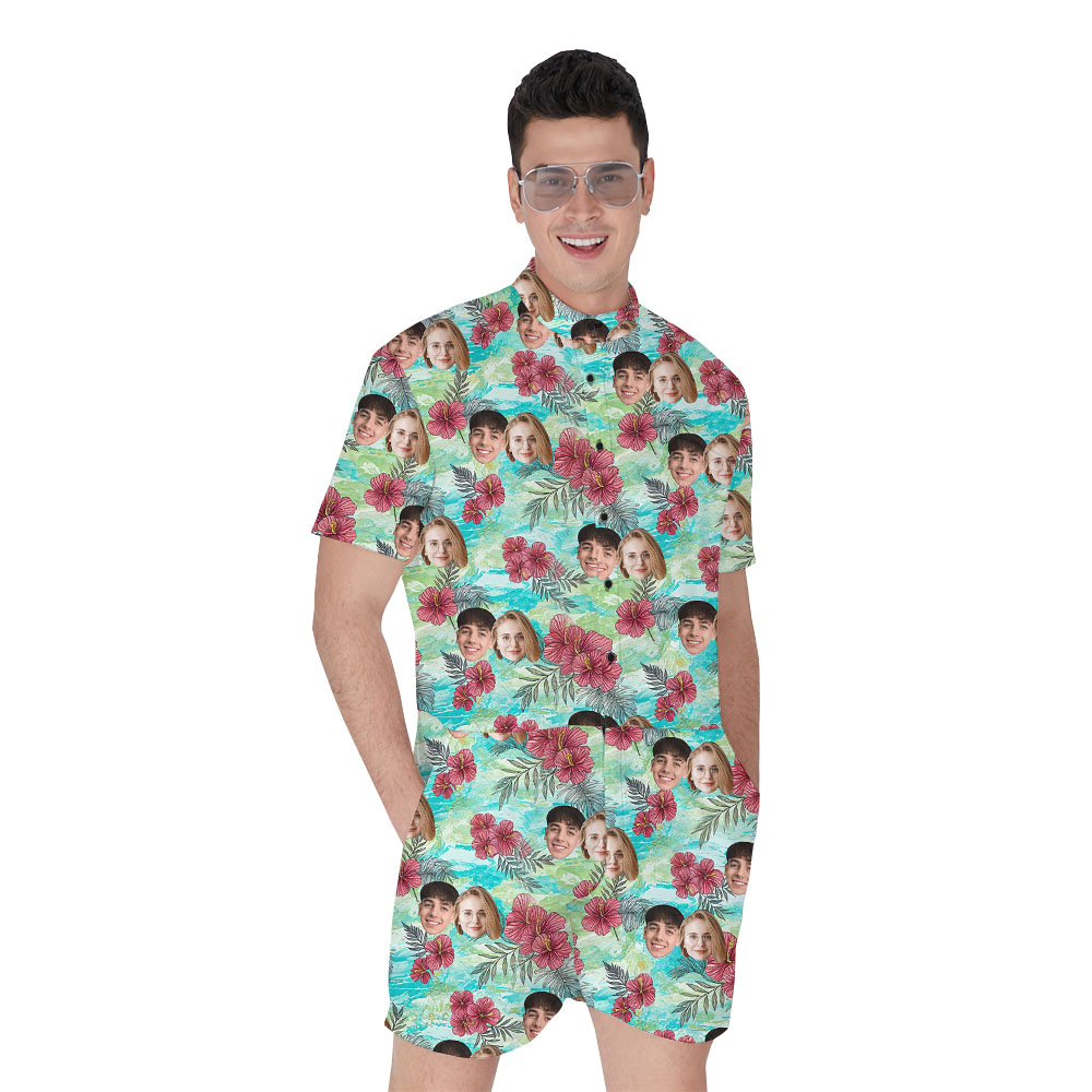 Custom 1-5 Face Men's Hawaiian Romper With Vintage Flowers - variant image 1