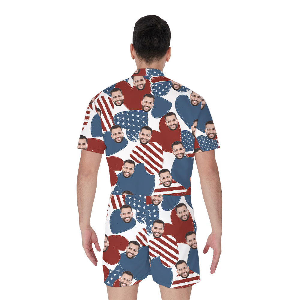 Funny 4th Of July Custom Face American Heart Men's Romper