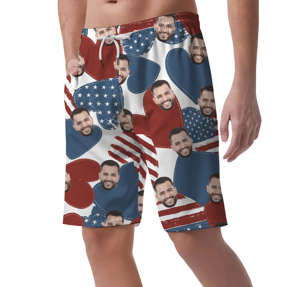 Custom Face 4th Of July American Hearts Men's Beach Shorts