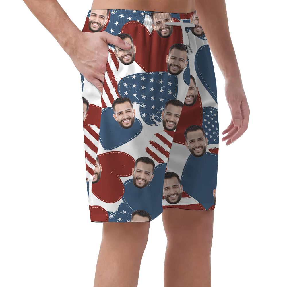 Custom Face 4th Of July American Hearts Men's Beach Shorts