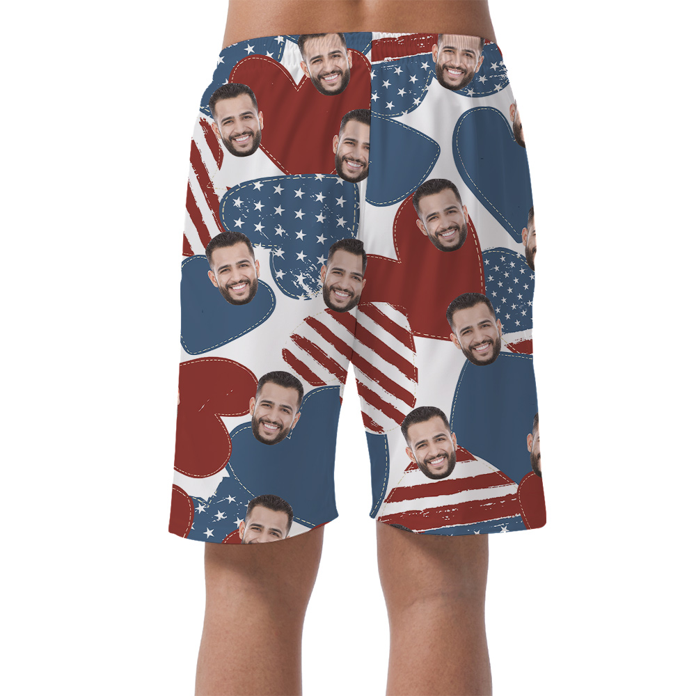 Custom Face 4th Of July American Hearts Men's Beach Shorts