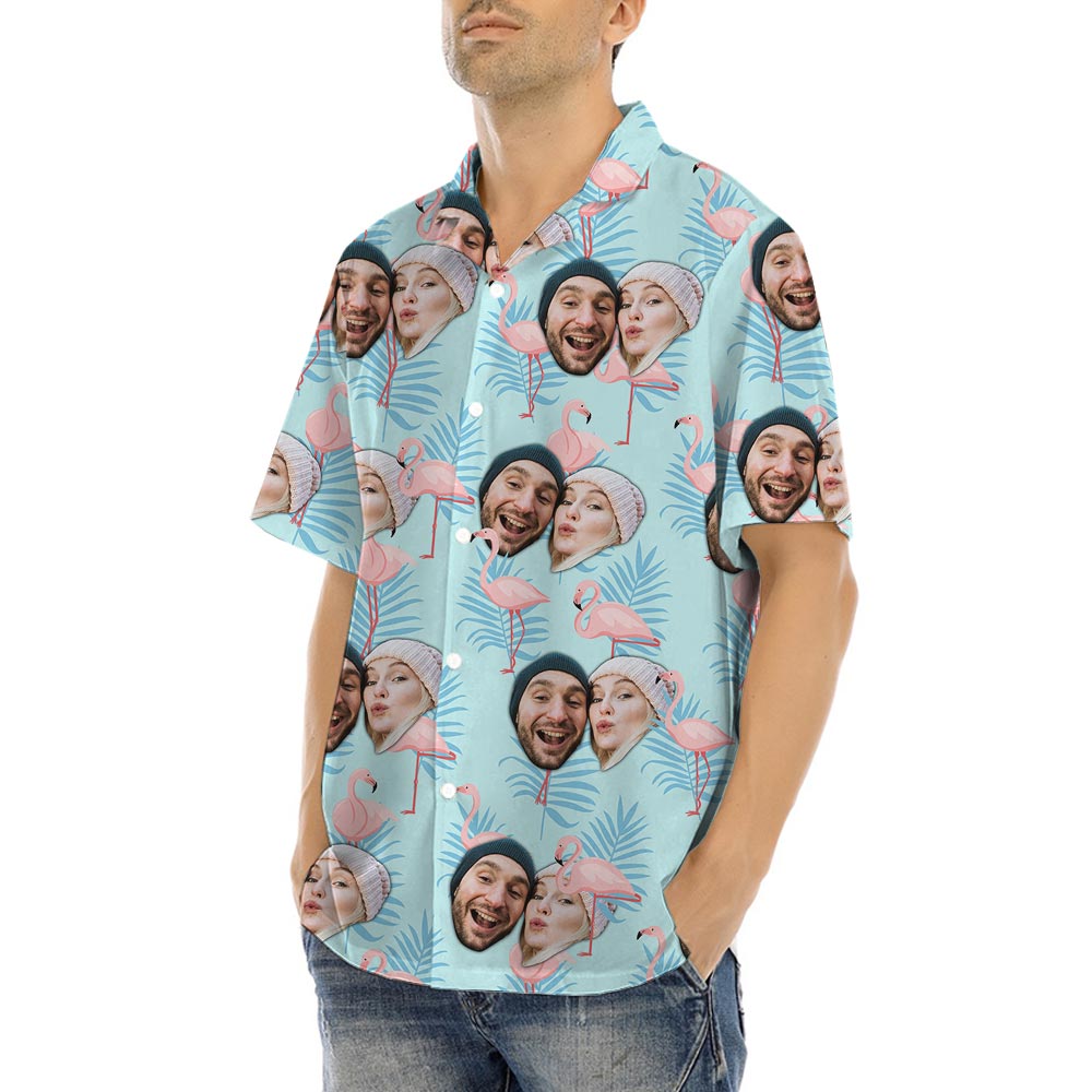 Custom Blue Hula Shirt For Men With Couple Face
