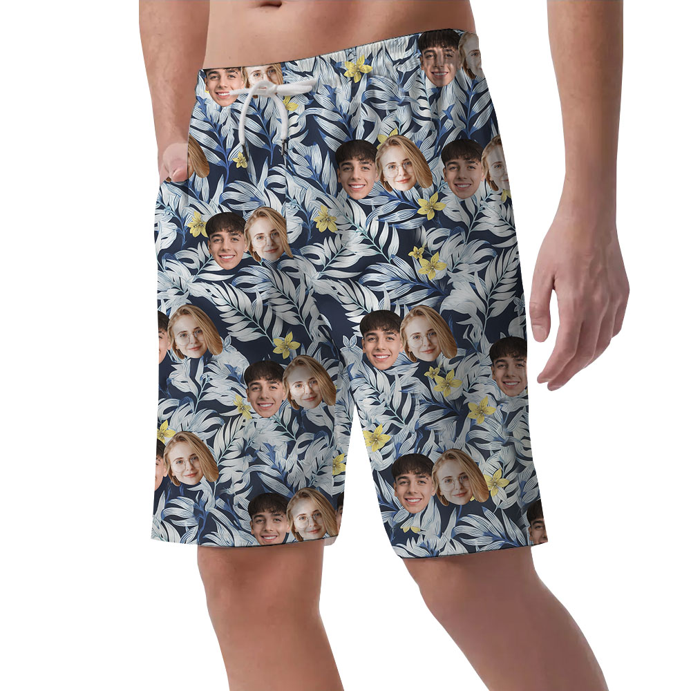 Custom 1-5 Faces Men's Beach Shorts With Tropical Leaves