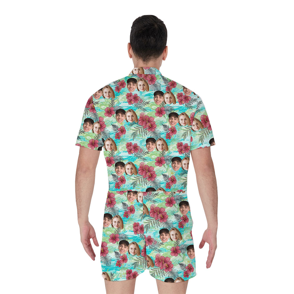 Custom 1-5 Face Men's Hawaiian Romper With Vintage Flowers