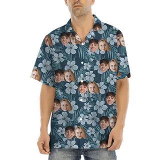 Floral Navy Custom Hawaiian Shirt With 1-5 Faces