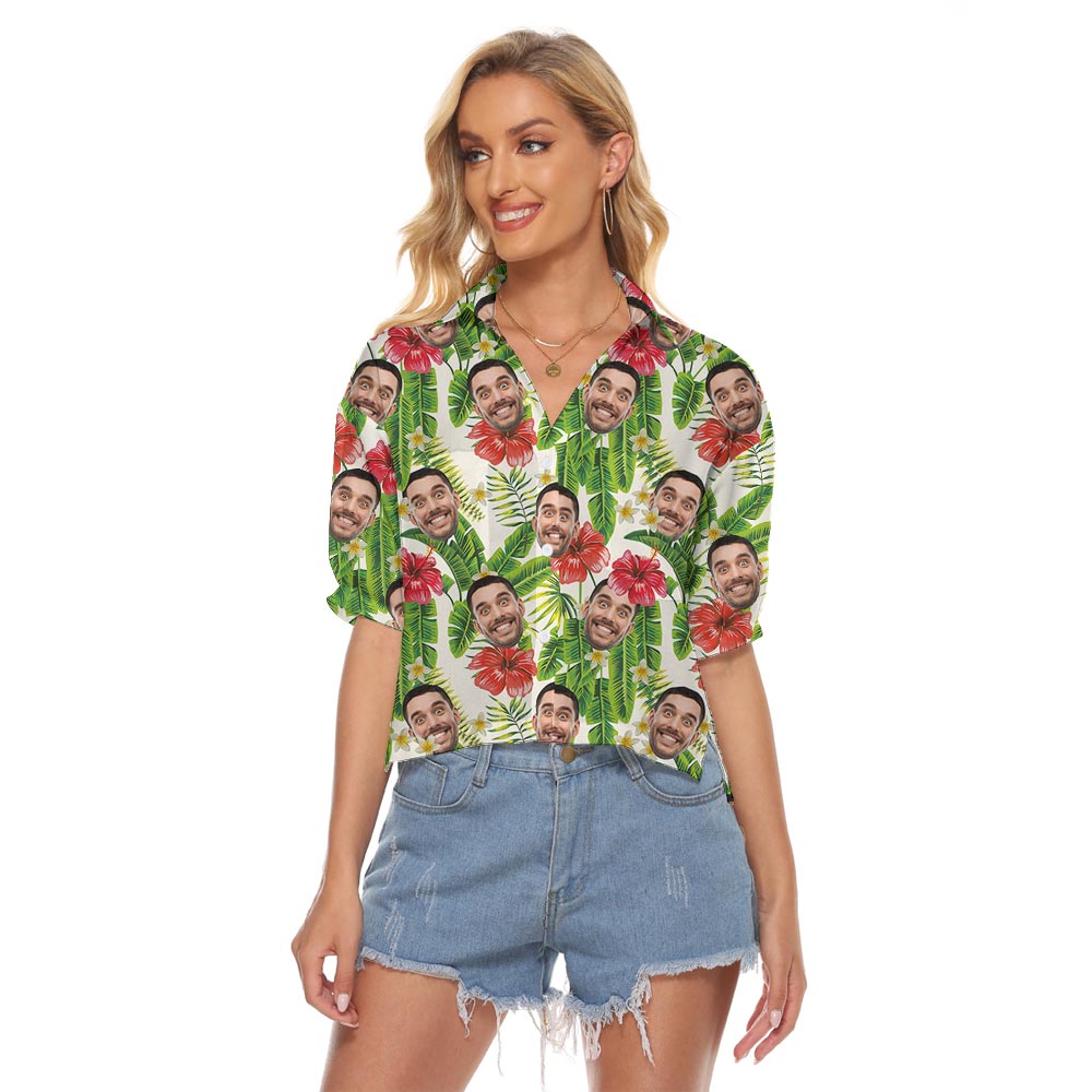 Custom Face Cropped Tropical Banana Leaf Shirt For Women - variant image 1
