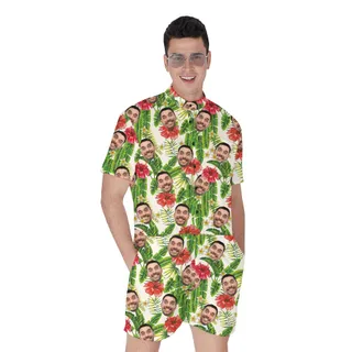 Custom Face Male Short Romper Tropical Leaves