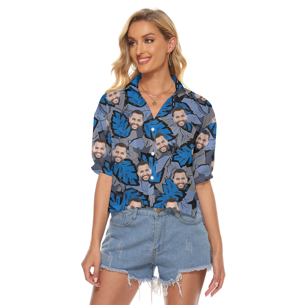Custom Face Tropical Leave Blue Women's Cropped Shirt - variant image 1