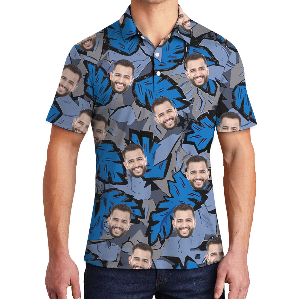Tropical Blue Leave Custom Face Men's Polo Shirt - variant image 1