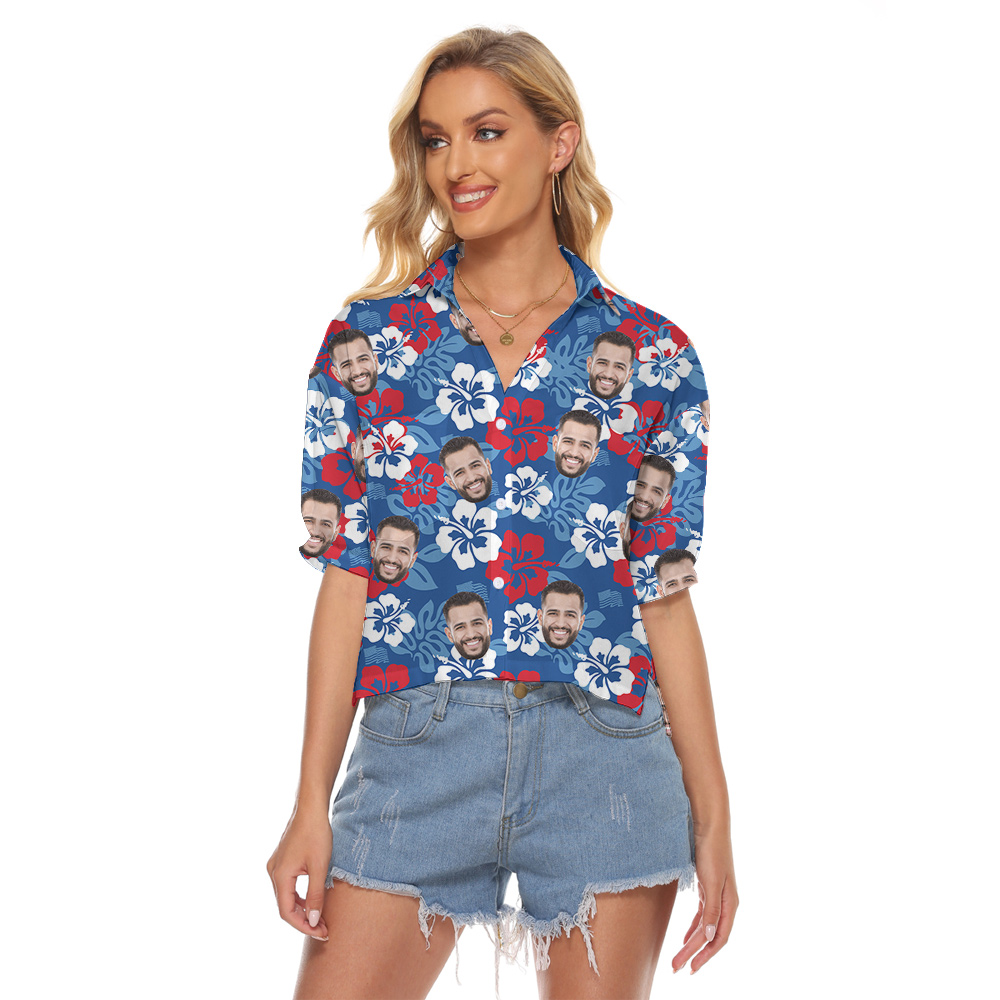 Custom Face 4th Of July Hibiscus Blue Women's Cropped Shirt - variant image 1