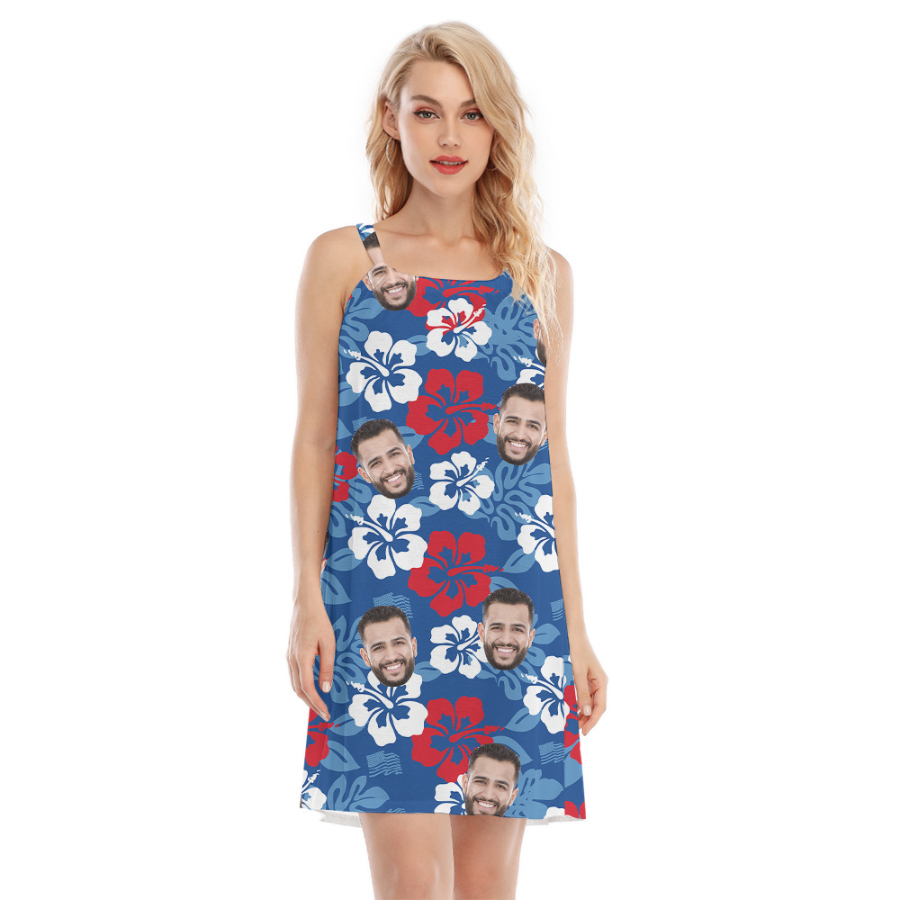 Independence Day Custom Face Blue Hibiscus Hawaiian Cami Dress - variant image 1