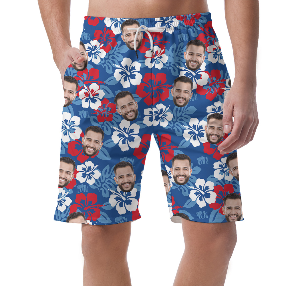 4th Of July Custom Face Blue Hibiscus Men's Hawaiian Beach Shorts - variant image 1