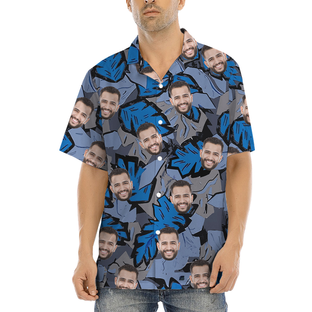 Custom Face Tropical Leave Blue Hawaiian Shirt - variant image 1