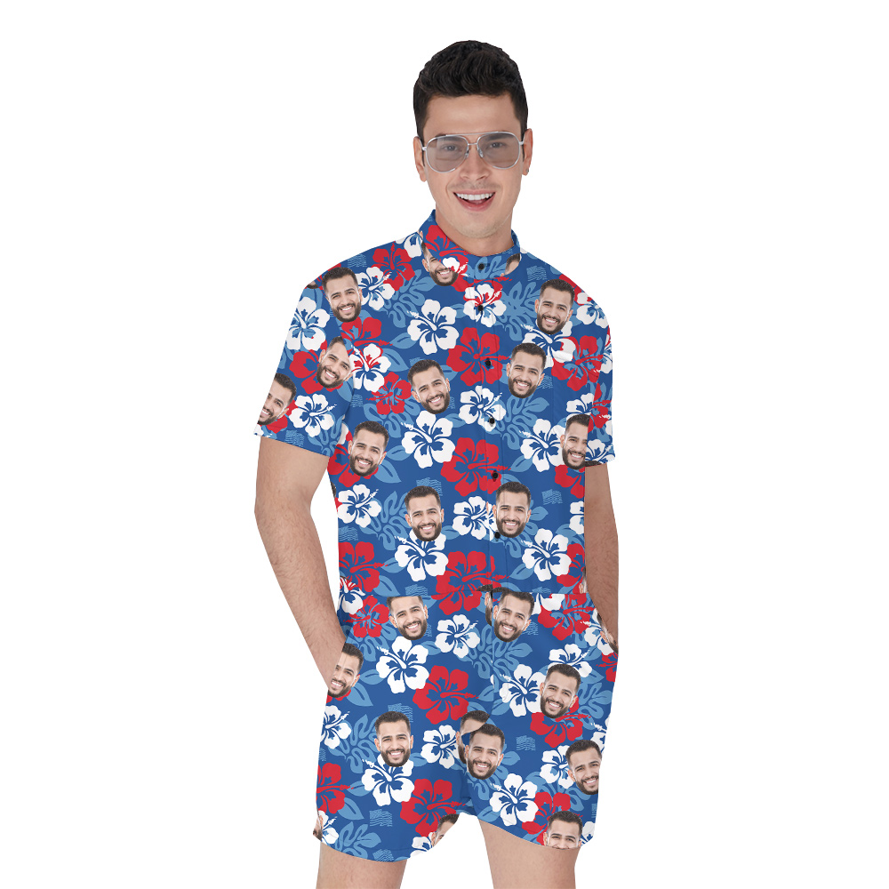 American Flag Hibiscus Blue American Flag Hawaiian Romper - variant image 1