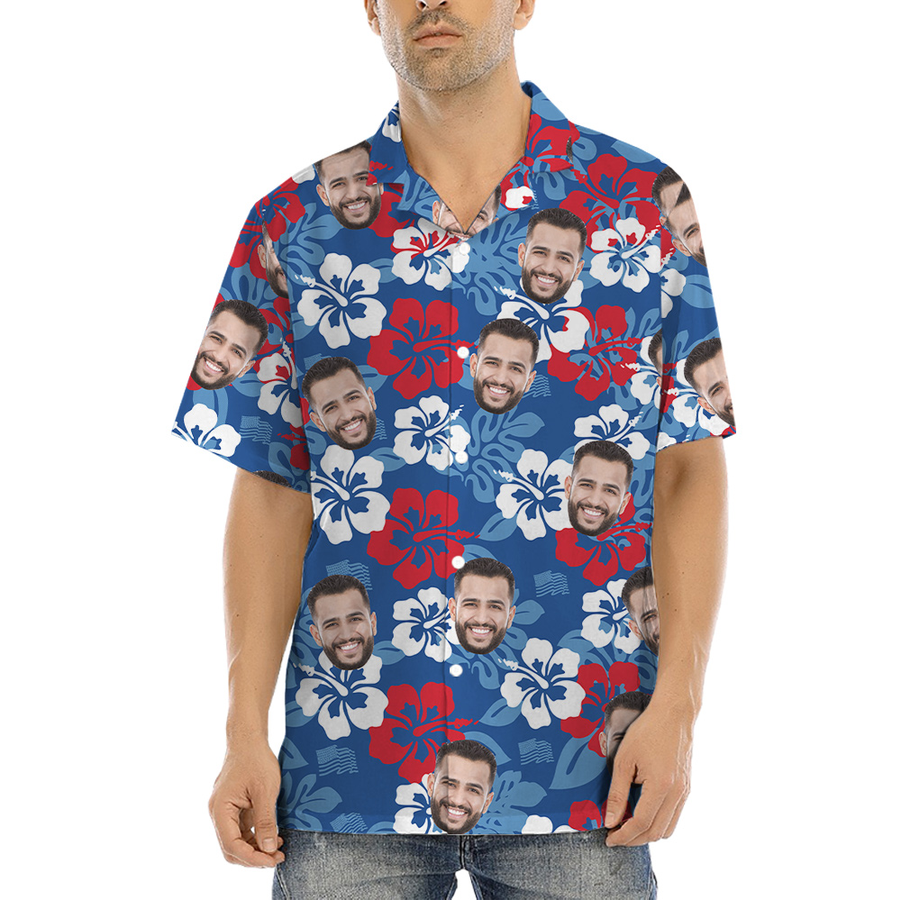 Custom Multiple Faces Floral Blue Hawaiian Shirt Theme 4th Of July - variant image 1