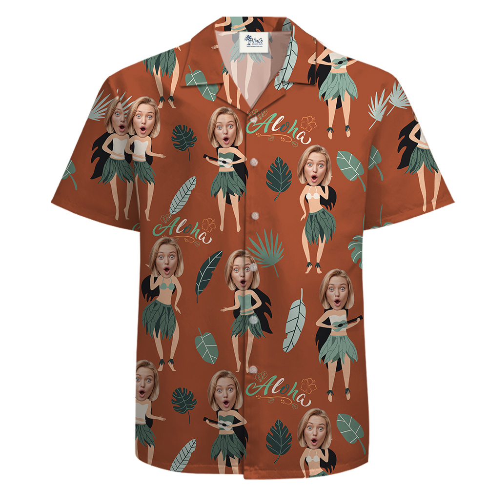Custom 1-4 Wife Faces Cotton Hawaiian Orange Shirt for Men - variant image 1