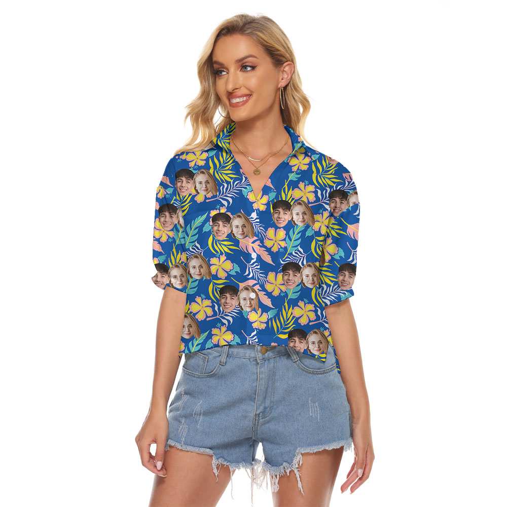 Custom Face Women's Crop Top With Blue Floral Pattern - variant image 1
