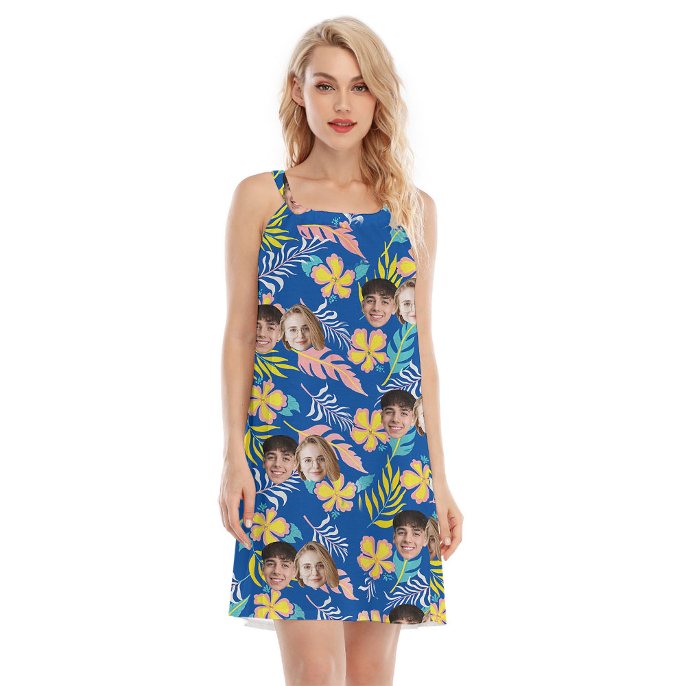 Women's Cami Dress With Face And Blue Floral Pattern - variant image 1