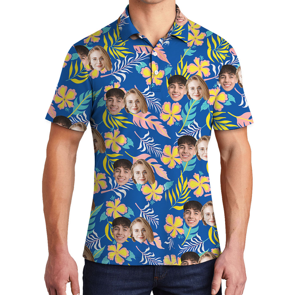 Custom Face Men's Polo Shirt With Blue Floral Pattern - variant image 1
