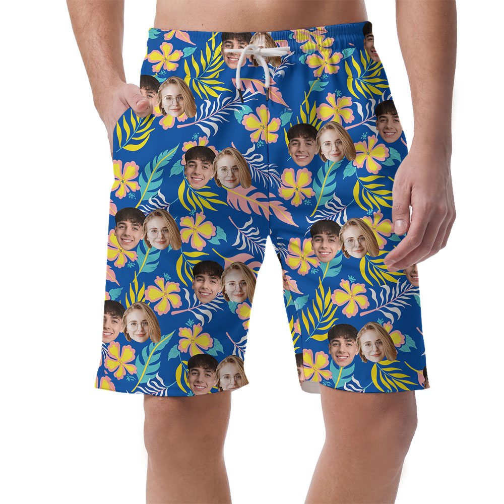Blue Floral Men's Hawaiian Beach Shorts With Faces - variant image 1