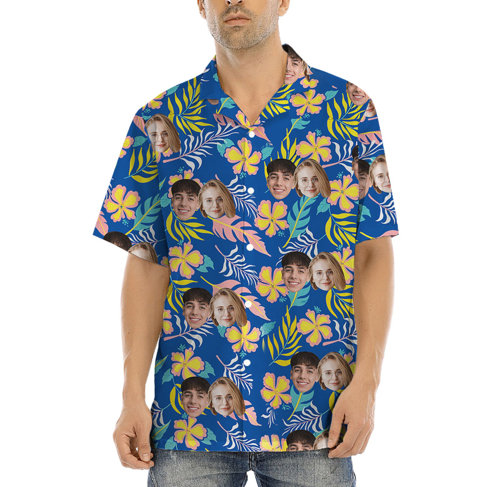 Floral Blue Personalized Hawaiian Shirt With 1-4 Faces - variant image 1