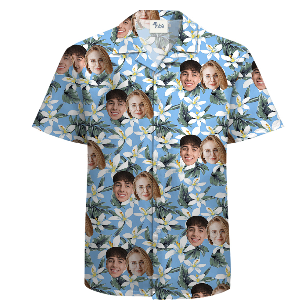 Custom Couple Faces Floral Blue Cotton Hawaiian Shirt - variant image 1