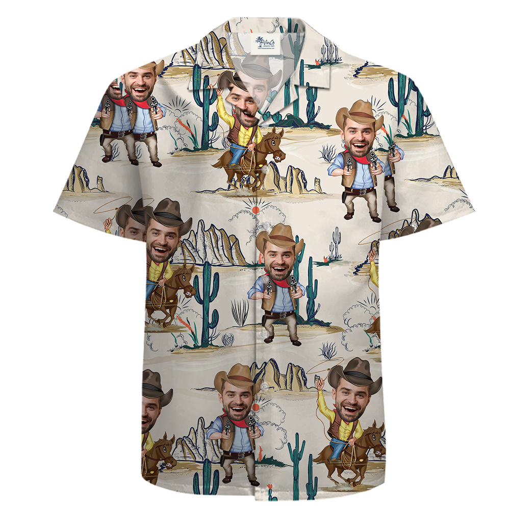 100% Cotton Hawaiian Men Shirt with Custom Cowboy Face - variant image 1
