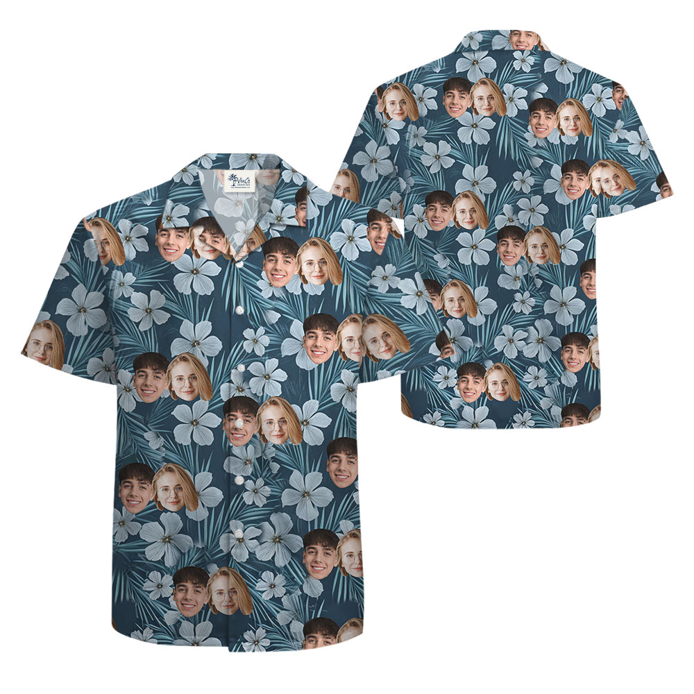 Floral Navy Custom Hawaiian Shirt With 1-5 Faces