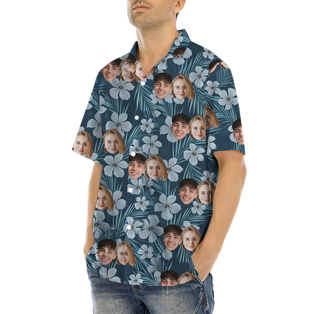 Floral Navy Custom Hawaiian Shirt With 1-5 Faces