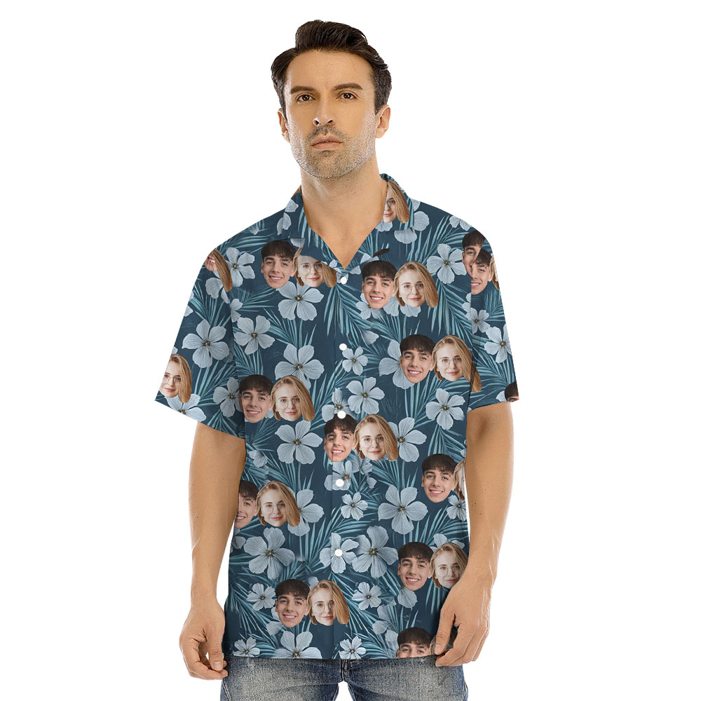 Custom 1-5 Faces Floral Navy Matching Shirt And Dress For Family