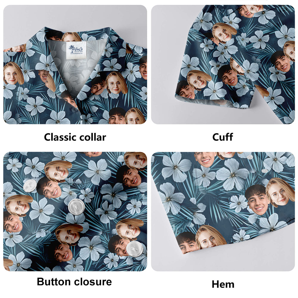Floral Navy Custom Hawaiian Shirt With 1-5 Faces
