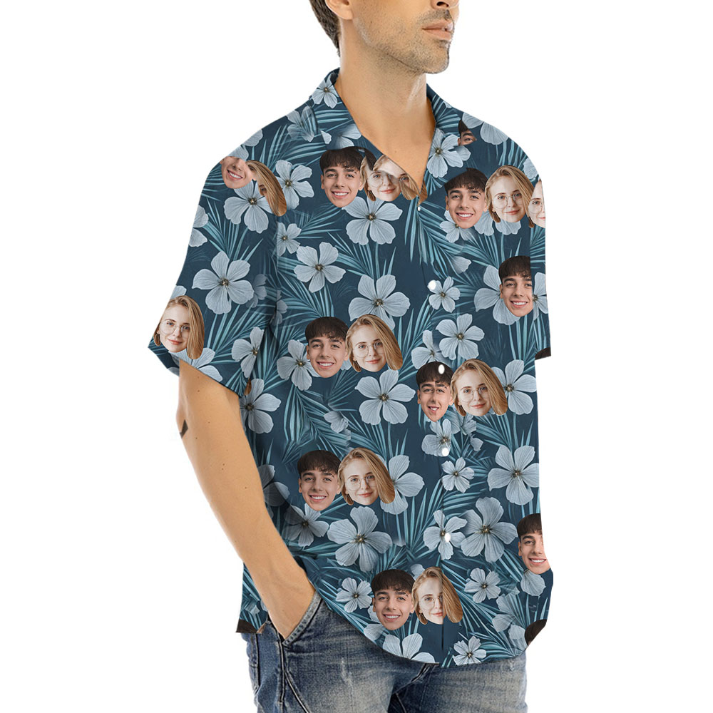 Floral Navy Custom Hawaiian Shirt With 1-5 Faces