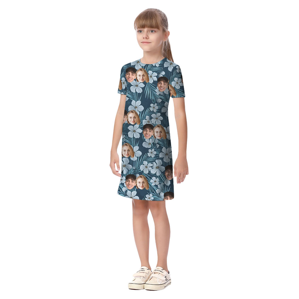 Custom 1-5 Faces Floral Navy Matching Shirt And Dress For Family