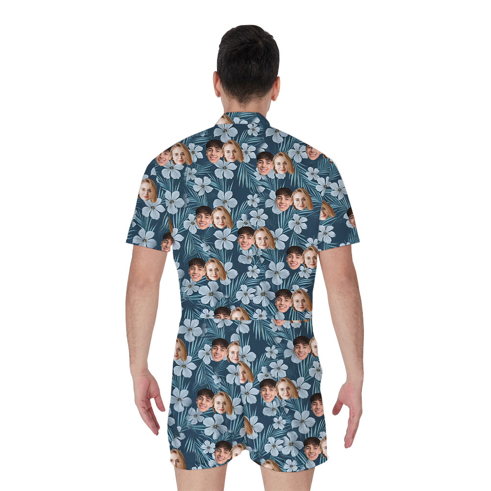 Personalized 1-5 Faces Floral Navy Romper For Male