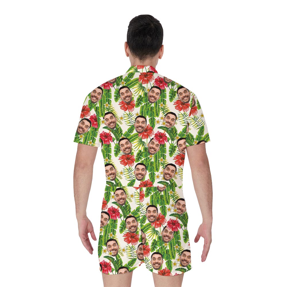 Custom Face Male Short Romper Tropical Leaves