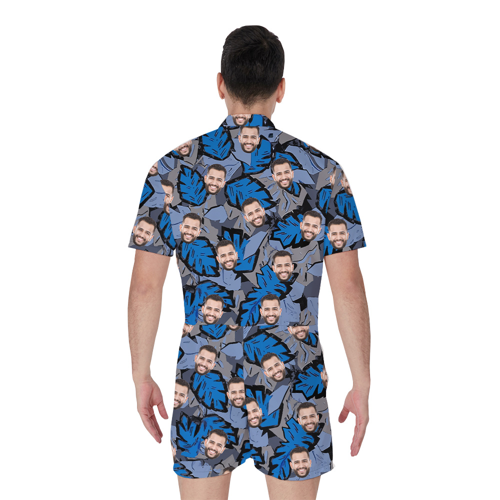 Funny Custom Face And Logo Tropical Blue Romper For Men