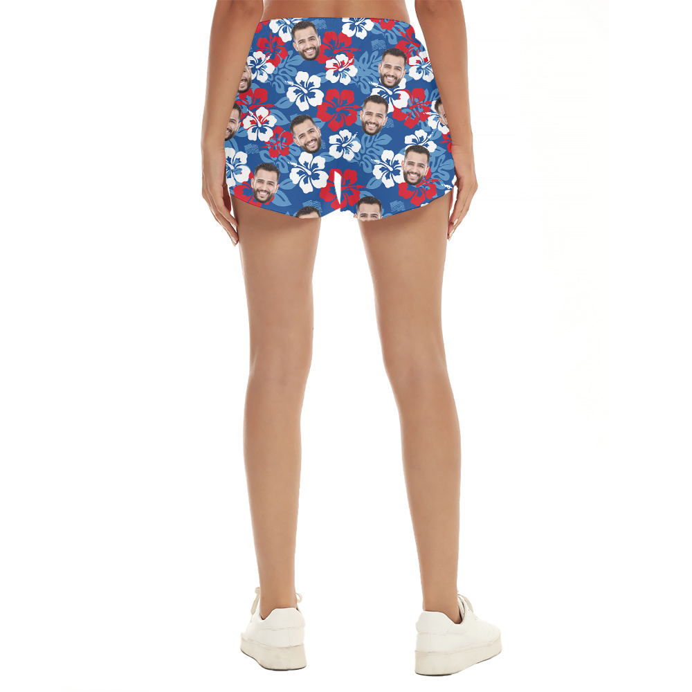 Custom Face 4th Of July Blue Floral Women's Beach Shorts