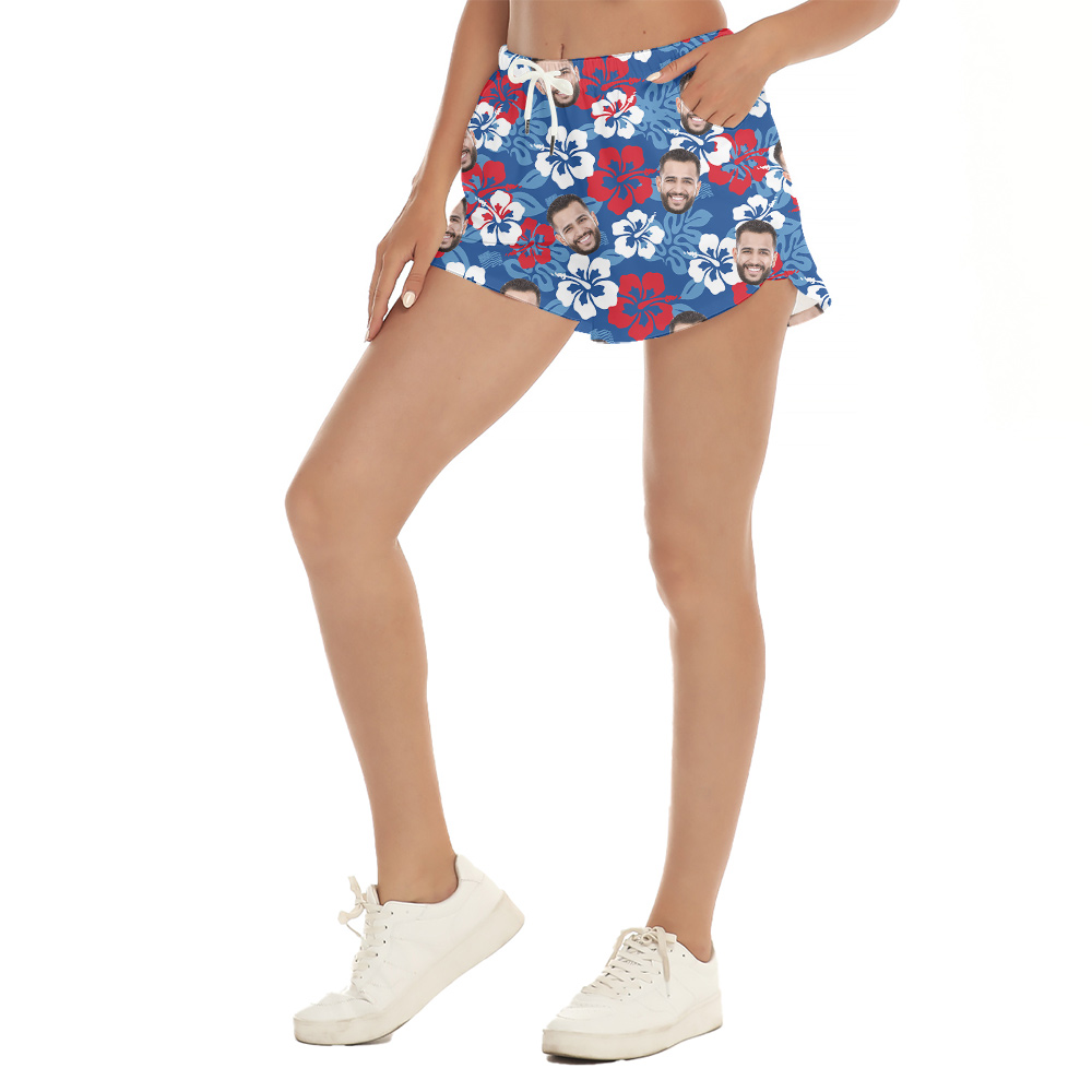 Custom Face 4th Of July Blue Floral Women's Beach Shorts