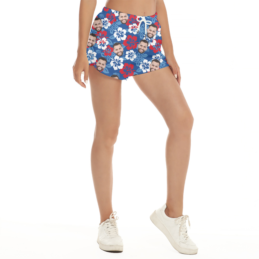Custom Face 4th Of July Blue Floral Women's Beach Shorts