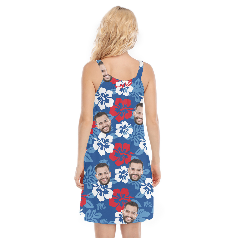 Independence Day Custom Face Blue Hibiscus Hawaiian Cami Dress