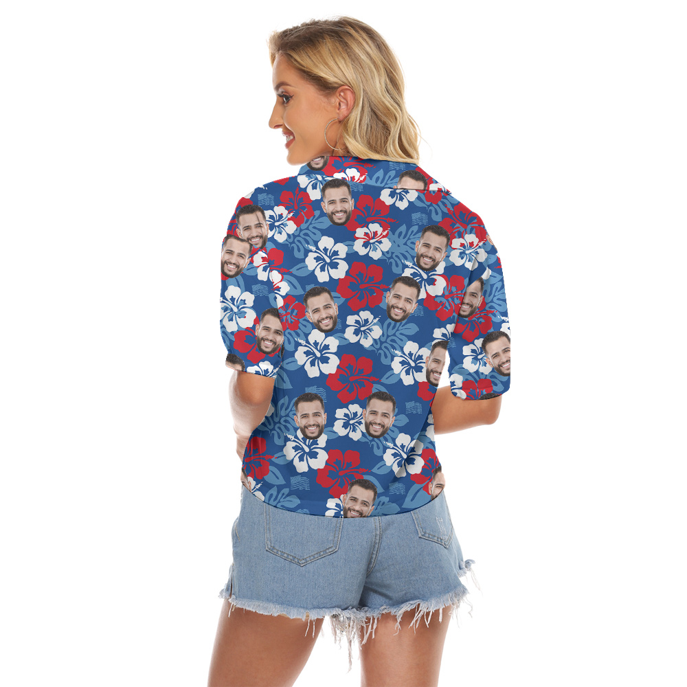 Custom Face 4th Of July Hibiscus Blue Women's Cropped Shirt