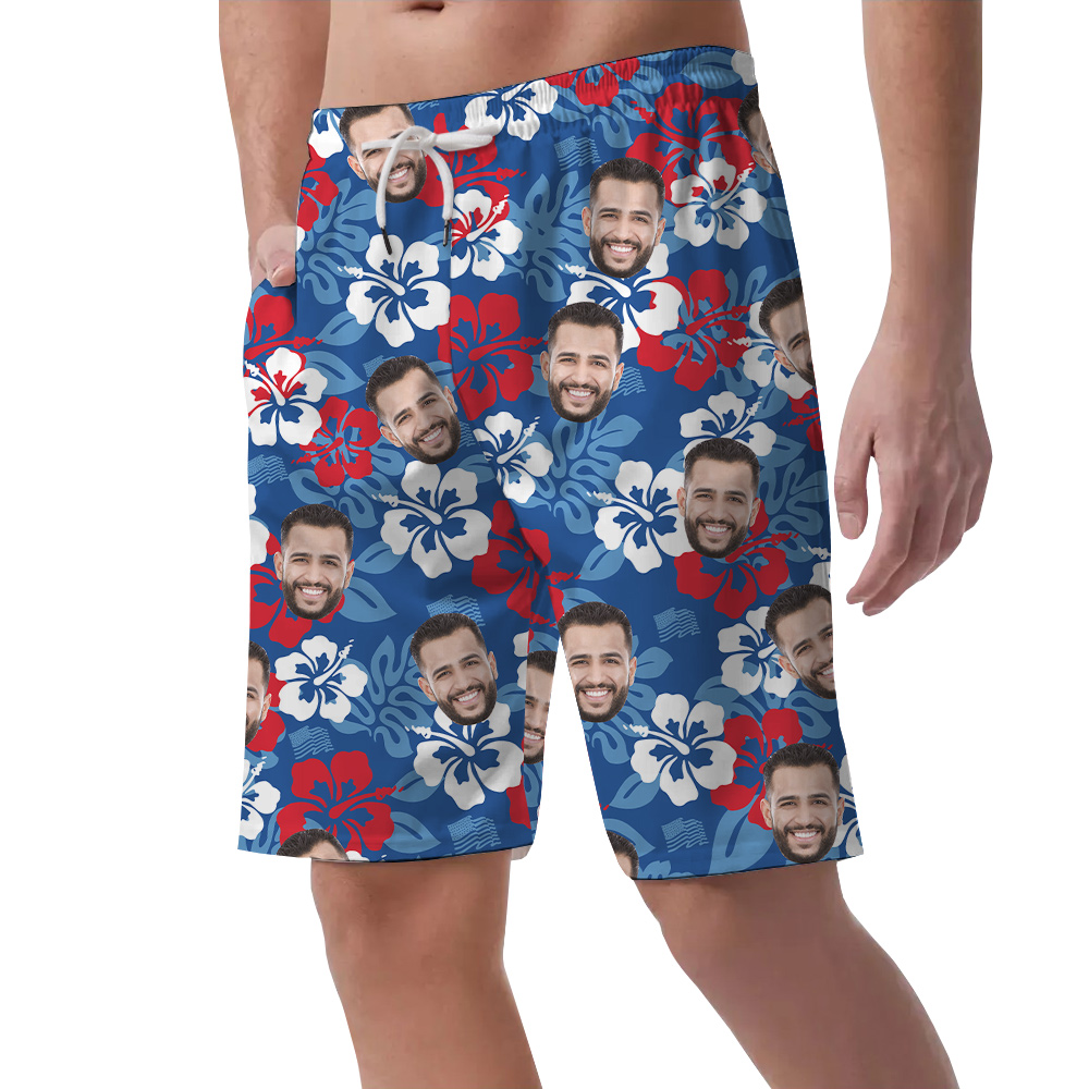 4th Of July Custom Face Blue Hibiscus Men's Hawaiian Beach Shorts