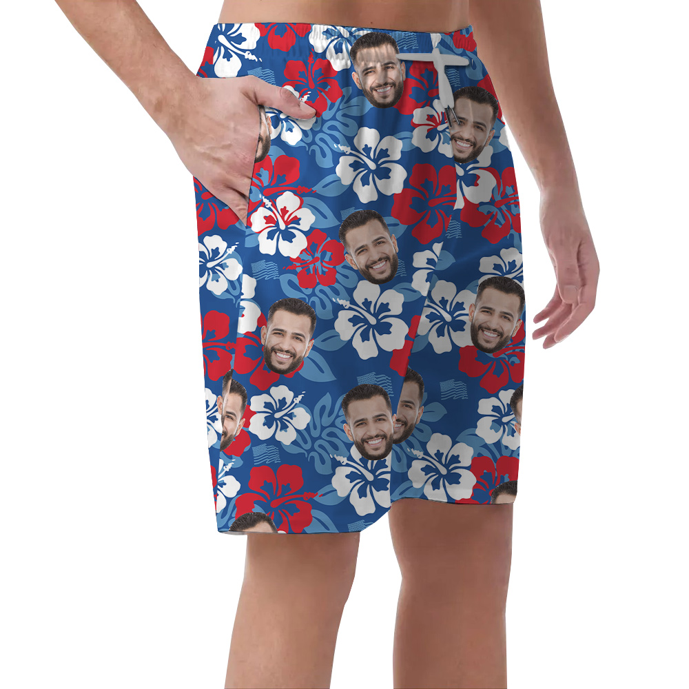 4th Of July Custom Face Blue Hibiscus Men's Hawaiian Beach Shorts