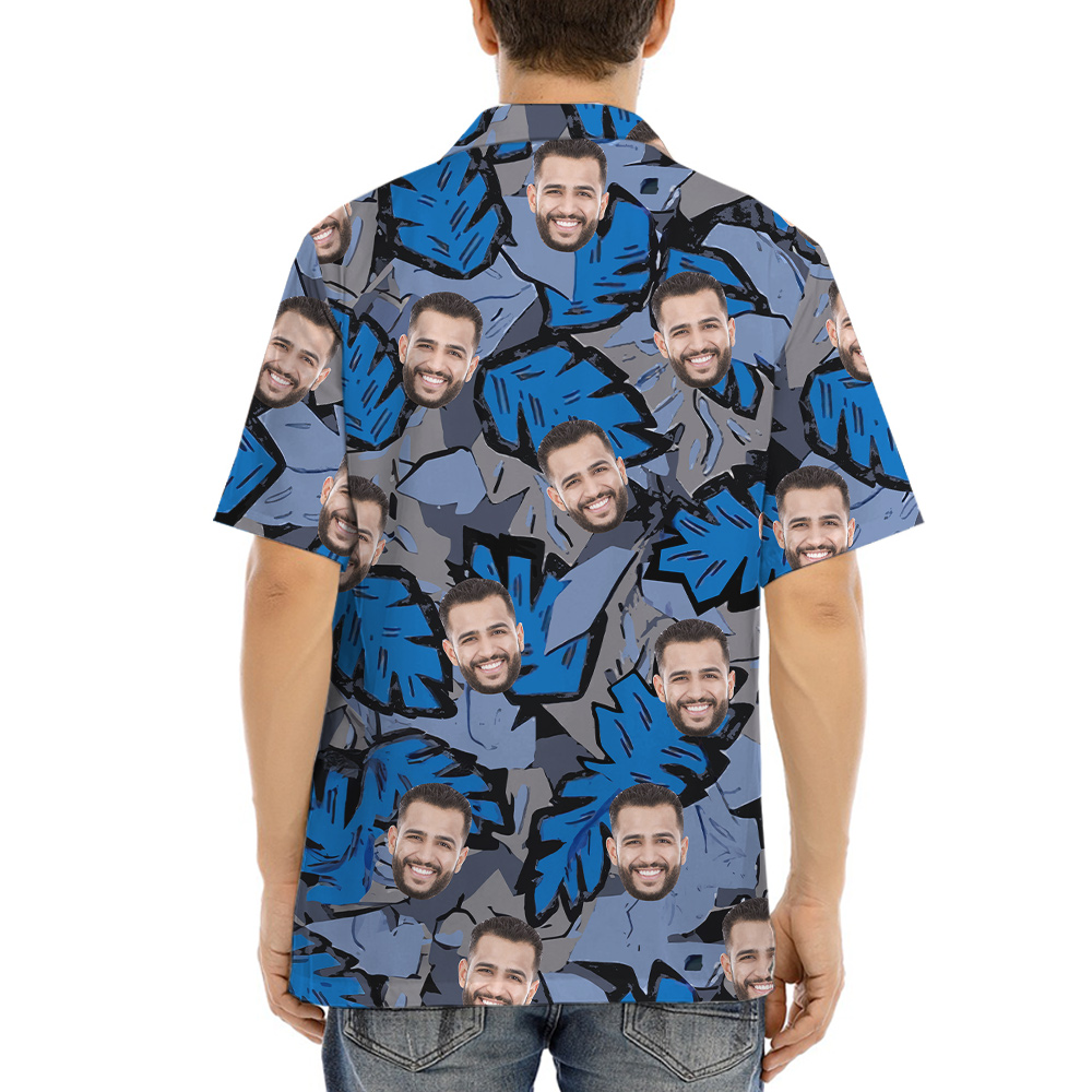 Custom Face Tropical Leave Blue Hawaiian Shirt